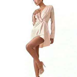 PrettyLittleThing Nude Satin Long Sleeve Wrap Dress